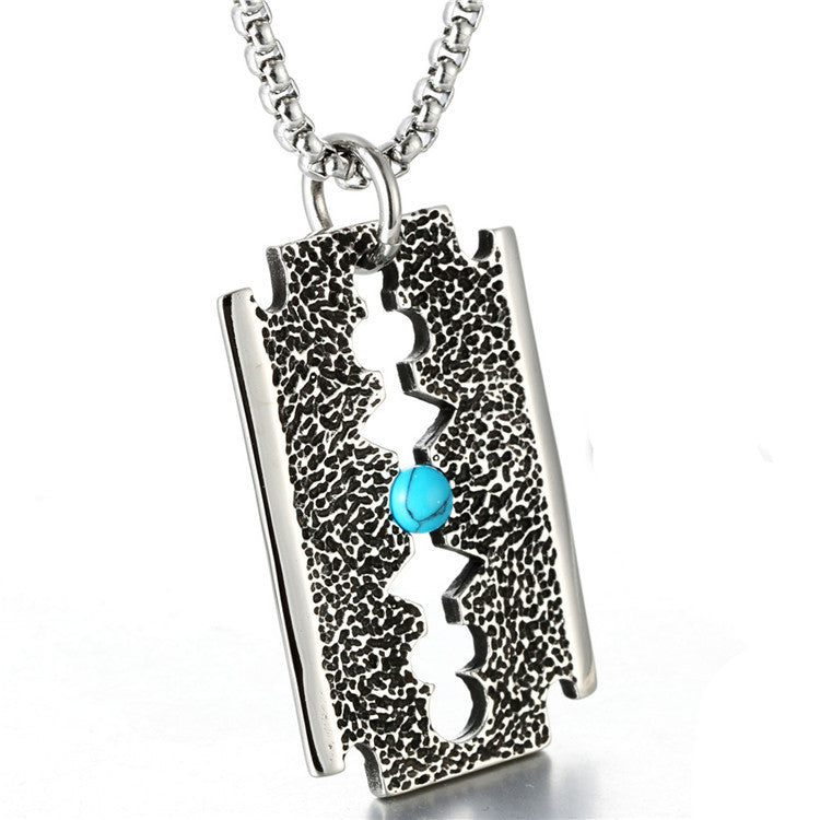 Vintage Titanium Steel Turquoise Razor Pendant Necklace for Trendy Men - Direct from Manufacturer