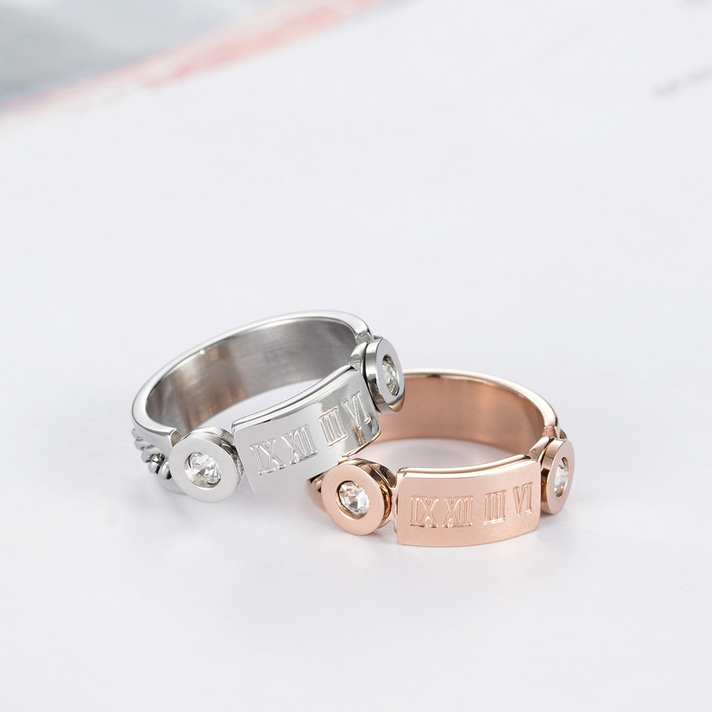 Stainless Steel Rose Gold Roman Numeral Ring – Zircon Chain Women's