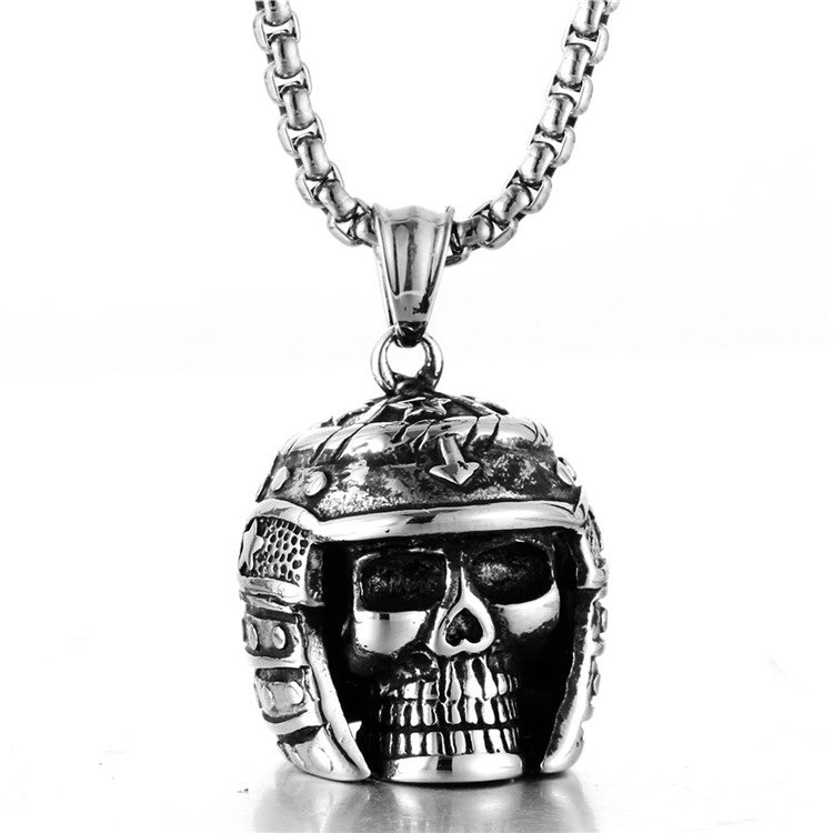 Custom Titanium Steel Skull Helmet Pendant Necklace - Trendy Retro Motorcycle Accessory for Men