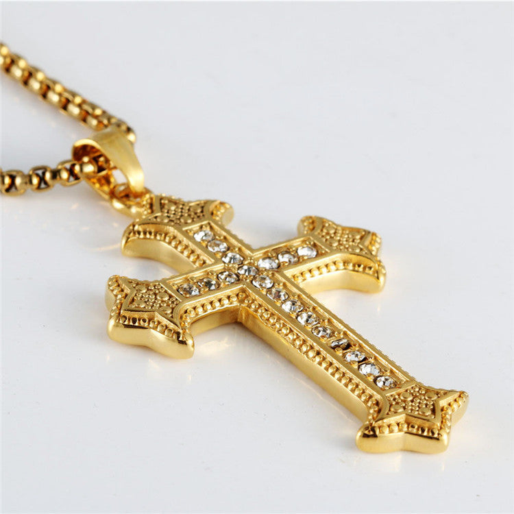 Trendy Titanium Steel Zircon Cross Pendant Necklace for Men and Women - Hip Hop Style