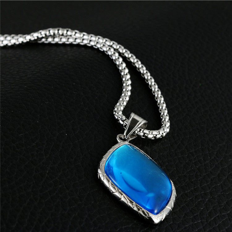 Trendy Titanium Steel Rhombus Pendant Necklace with Blue Gemstone for Men and Women