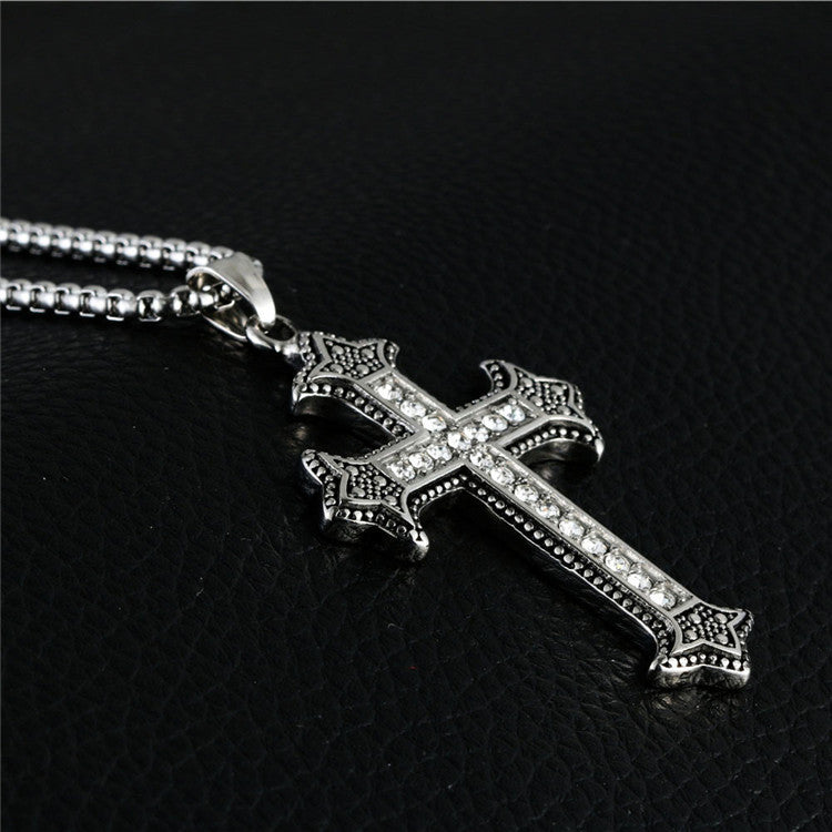 Trendy Titanium Steel Zircon Cross Pendant Necklace for Men and Women - Hip Hop Style