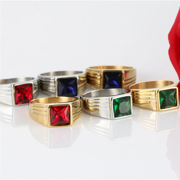 Planderful Titanium Steel Zircon Ring Unisex Square Red Inlay Statement Band Personalized For Men And Women