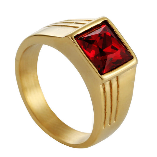 Planderful Titanium Steel Zircon Ring Unisex Square Red Inlay Statement Band Personalized For Men And Women