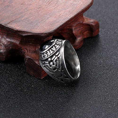 Personalized Retro Military Ring for Men - Double Eagle Design in Titanium Steel with Black Zircon Accents