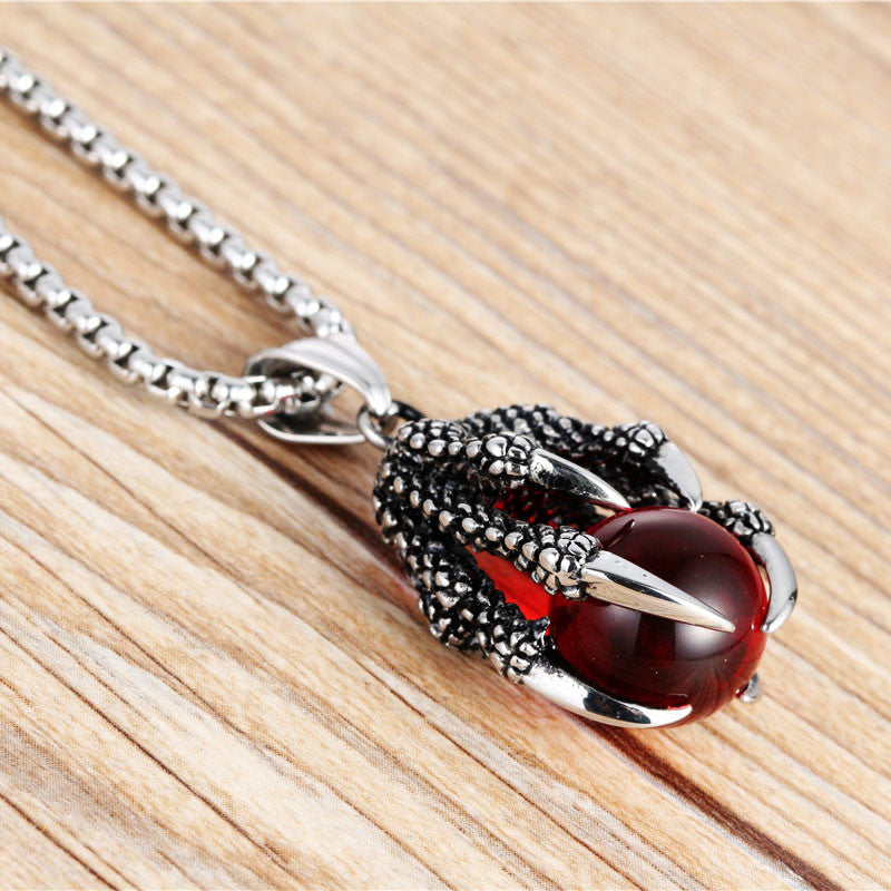 Titanium Steel Dragon Claw Pendant Necklace for Men - Retro Stainless Steel Design with Gemstone Accent