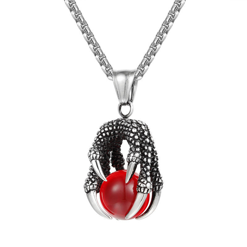 Titanium Steel Dragon Claw Pendant Necklace for Men - Retro Stainless Steel Design with Gemstone Accent