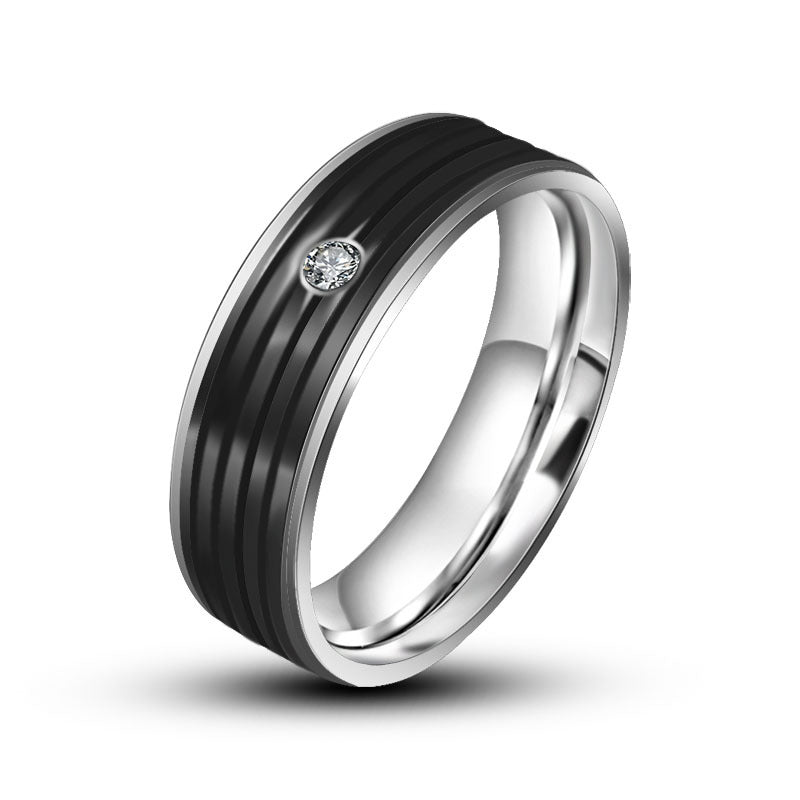 Trendy Titanium Steel Couple Ring with Fashion Stripes and Diamond Accents for Men and Women