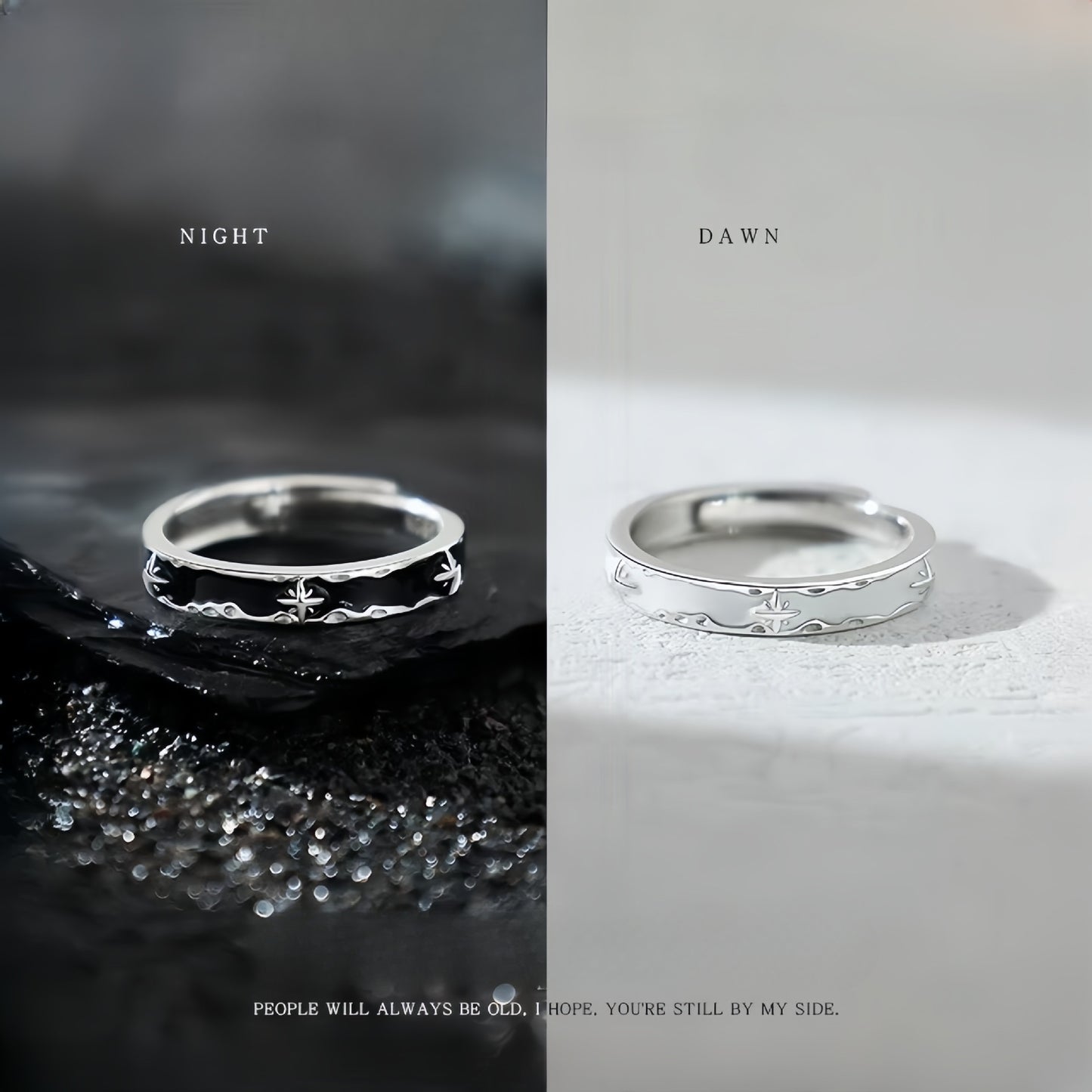 New Night and Dawn 925 Sterling Silver Couple Ring Gift