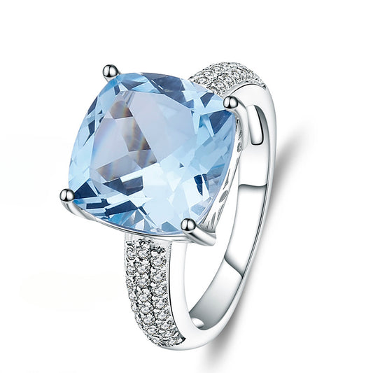 Cathedral Cushion Cut Natural Blue Topaz Silver Ring