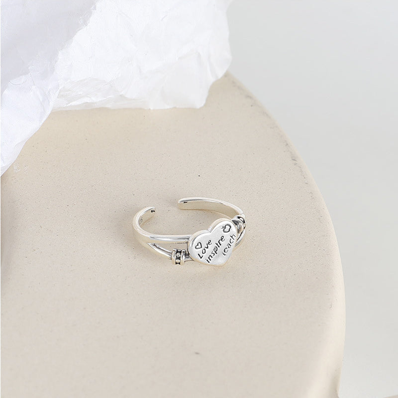 Retro Carved Letter Heart Shape Opening Sterling Silver Ring