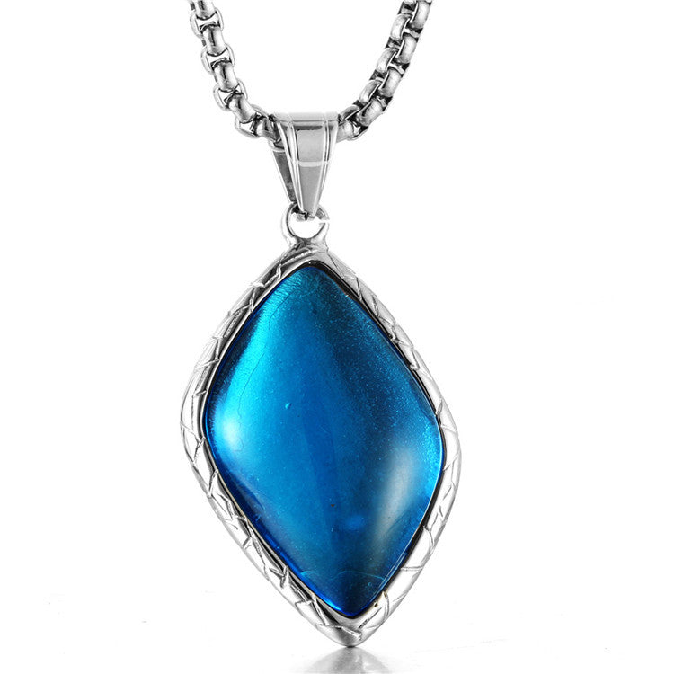 Trendy Titanium Steel Rhombus Pendant Necklace with Blue Gemstone for Men and Women