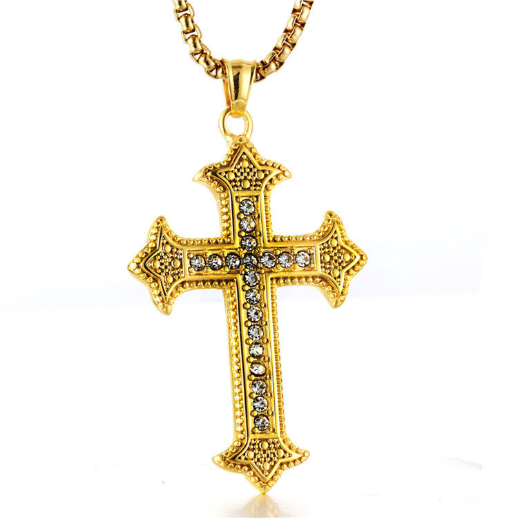 Trendy Titanium Steel Zircon Cross Pendant Necklace for Men and Women - Hip Hop Style