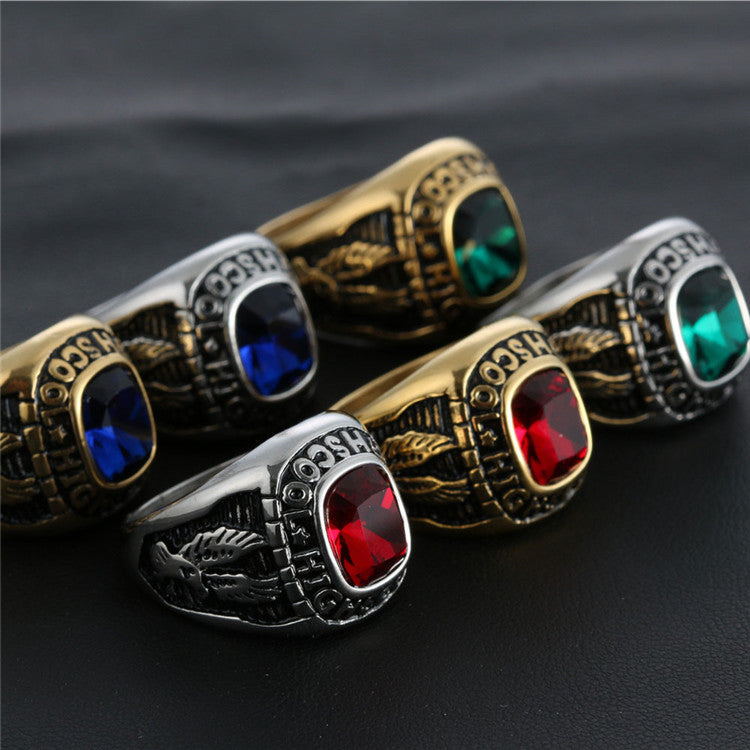 Planderful Titanium Steel Eagle Letter Zircon Ring Engraved Unisex Retro Croopunk Style For Men And Women