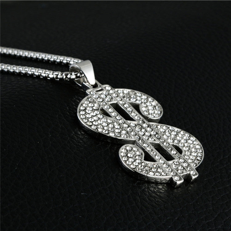 Trendy Titanium Steel Dollar Symbol Pendant Necklace for Men and Women with Full Zircon Accents