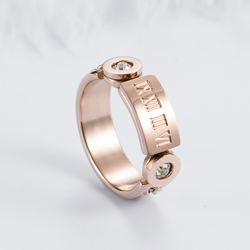 Stainless Steel Rose Gold Roman Numeral Ring – Zircon Chain Women's