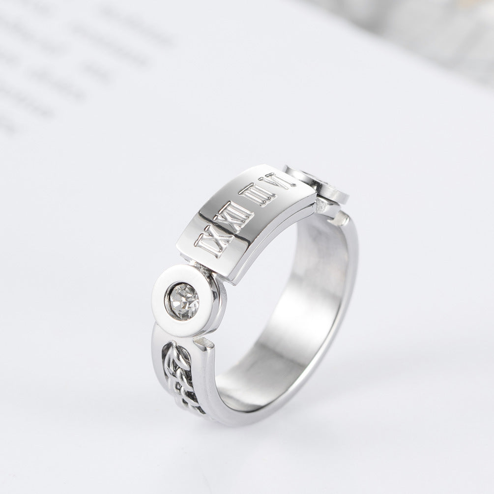 Stainless Steel Rose Gold Roman Numeral Ring – Zircon Chain Women's