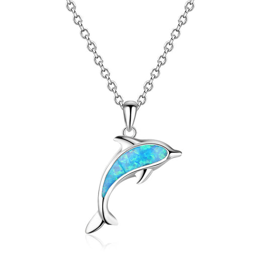 Blue Opal Dolphin Sterling Silver Necklace