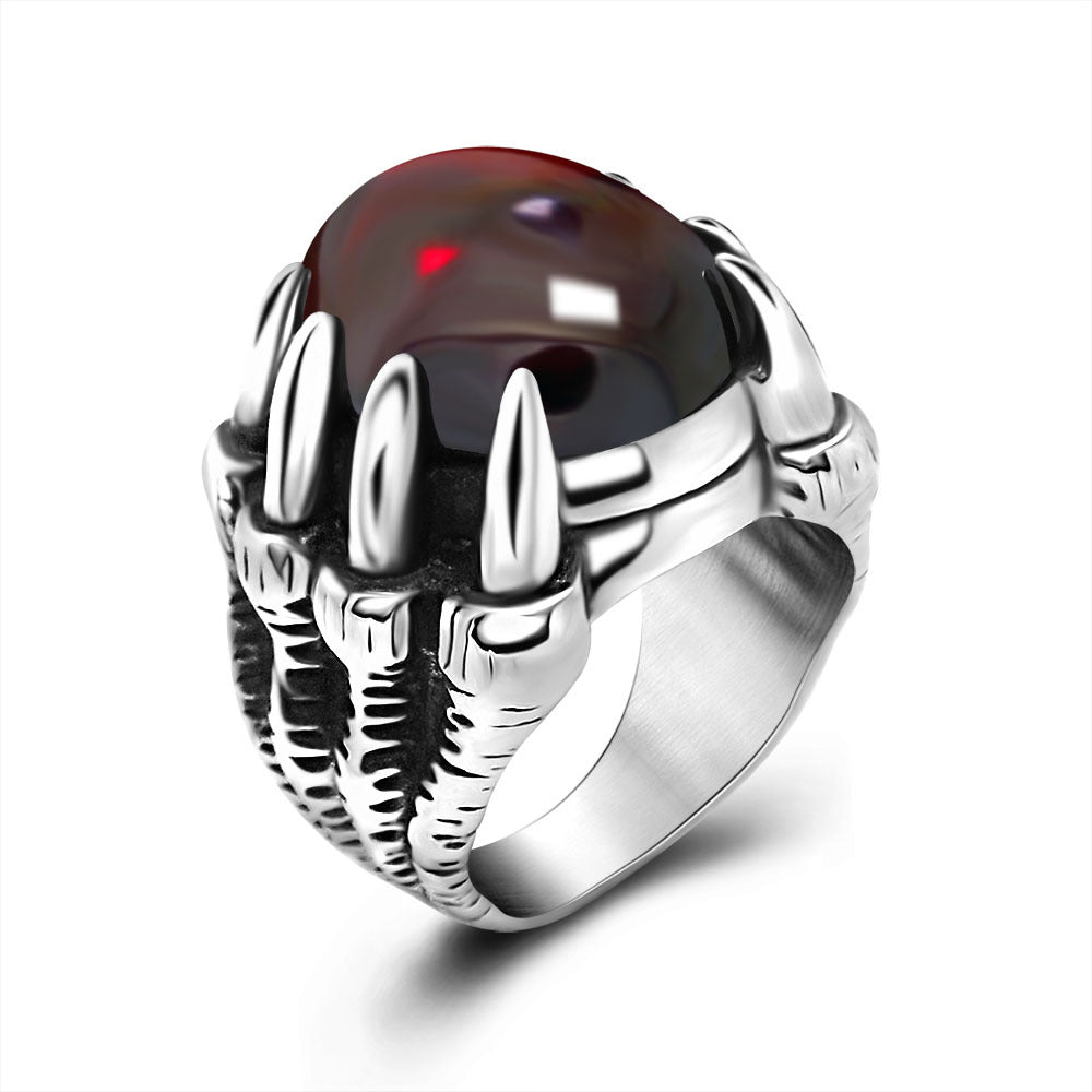 Men's Vintage Dragon Claw Ring in Titanium Steel with Bold Red Stone