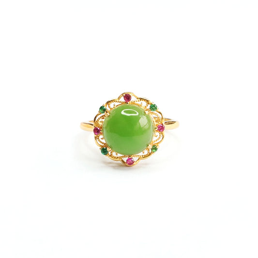 925 Sterling Silver Hetian Jasper Flower Ring