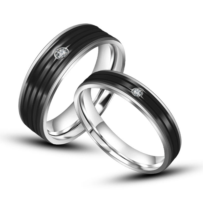 Trendy Titanium Steel Couple Ring with Fashion Stripes and Diamond Accents for Men and Women