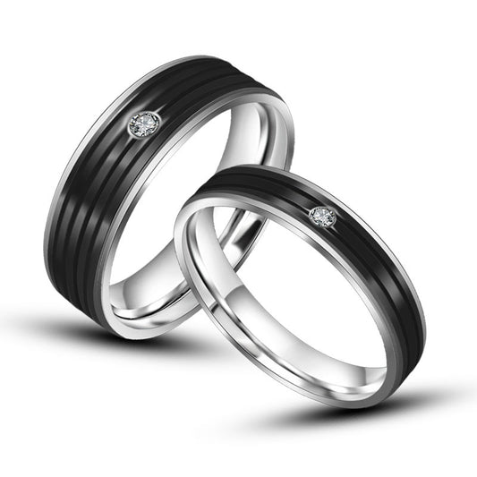 Trendy Titanium Steel Couple Ring with Fashion Stripes and Diamond Accents for Men and Women