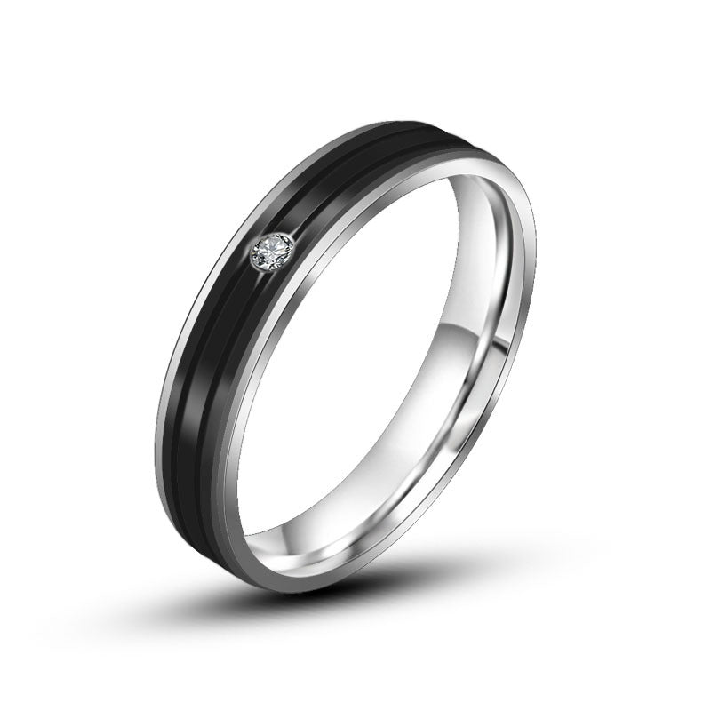 Trendy Titanium Steel Couple Ring with Fashion Stripes and Diamond Accents for Men and Women