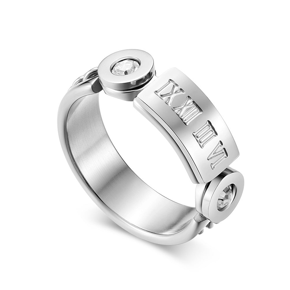 Stainless Steel Rose Gold Roman Numeral Ring – Zircon Chain Women's
