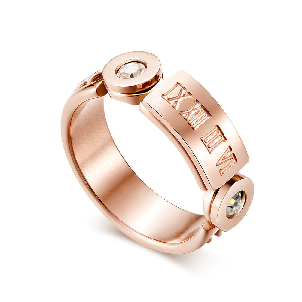Stainless Steel Rose Gold Roman Numeral Ring – Zircon Chain Women's