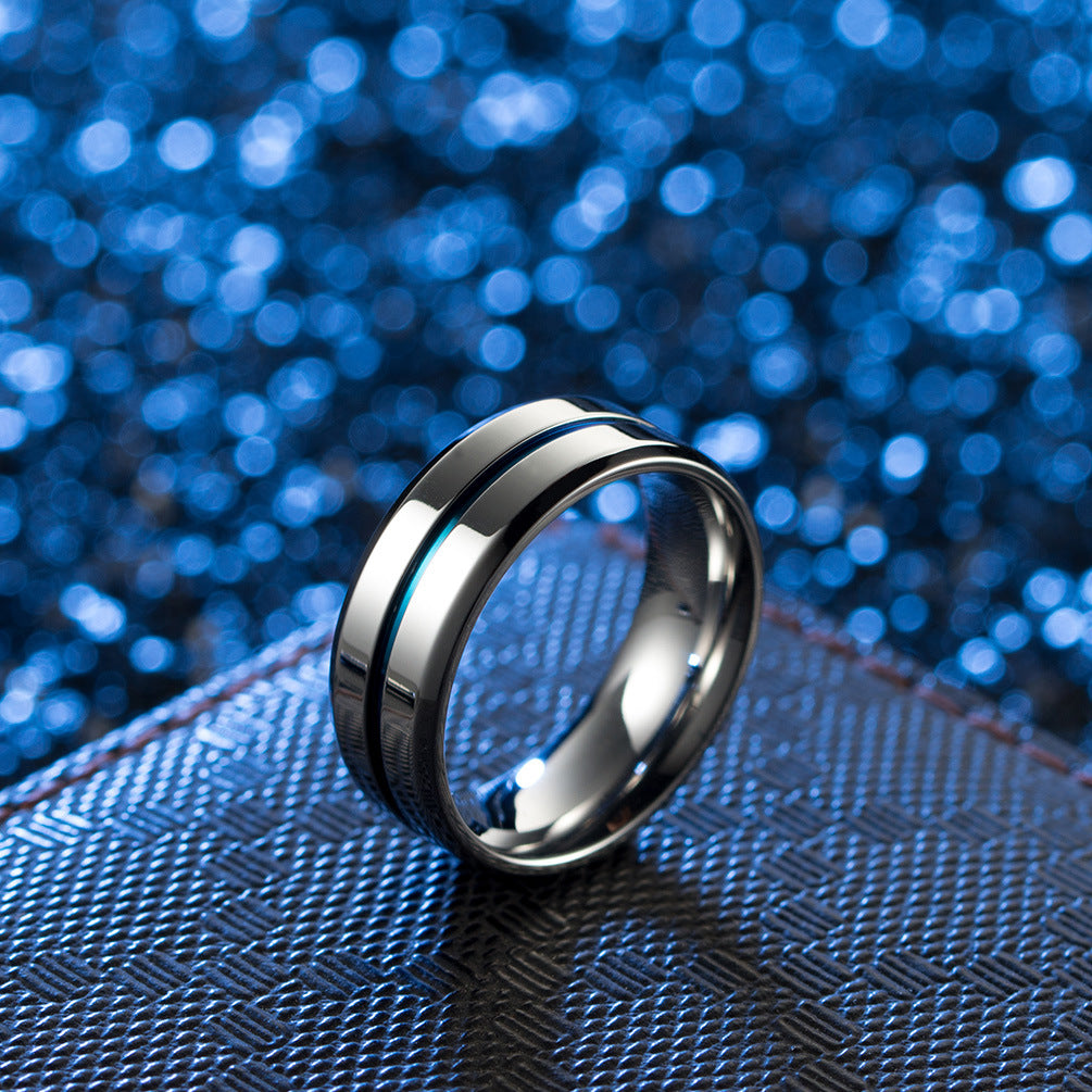 Simple Steel Blue Groove Titanium Steel Ring for Men