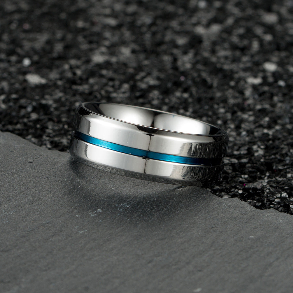 Simple Steel Blue Groove Titanium Steel Ring for Men