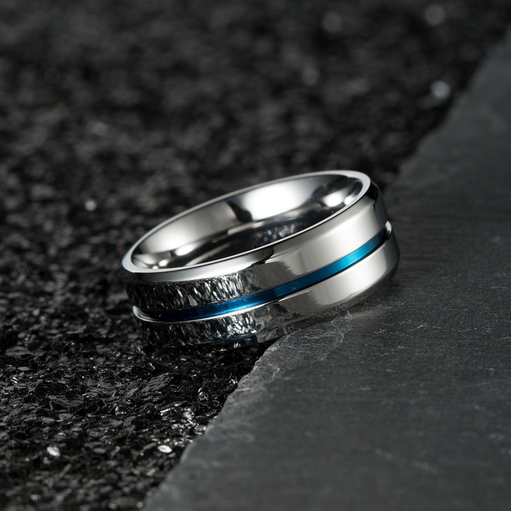 Simple Steel Blue Groove Titanium Steel Ring for Men