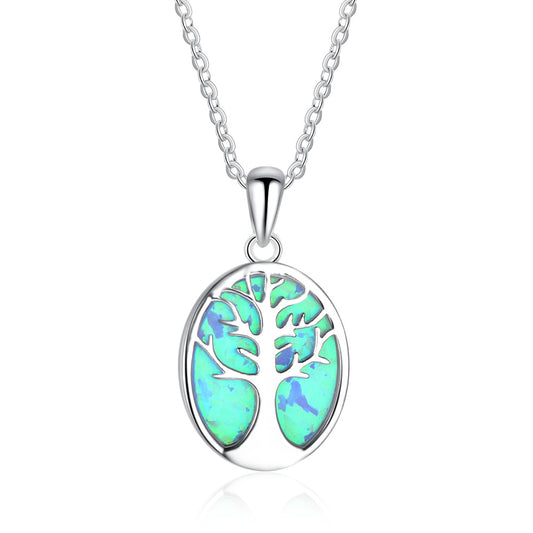 Life Tree Blue Opal Oval Sterling Silver Necklace