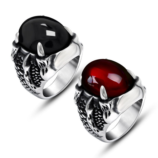 Bold Retro Red and Black Stone Couples Ring - Personalized Titanium Steel Jewelry for Men and Women