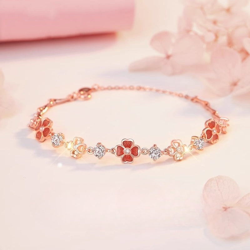 Planderful 925 Sterling Silver Girl Heart Enamel Four Leaf Clover Zircon Bracelet For Girls Versatile Light Luxury Gift