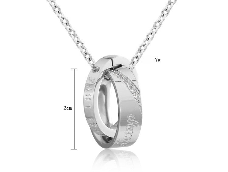 Planderful Titanium Steel Couple Necklace With Inlaid Zircon Double Ring Pendant Unisex Protection Jewelry