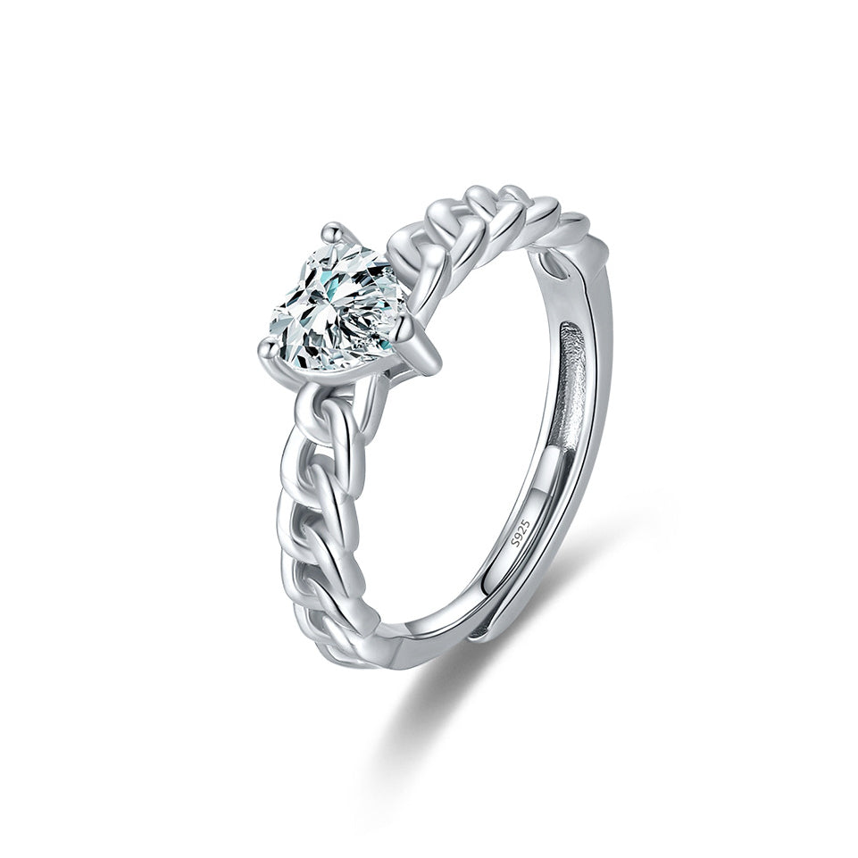 Simple Adjustable Sterling Silver Heart Ring with Zircon Inlay for Women