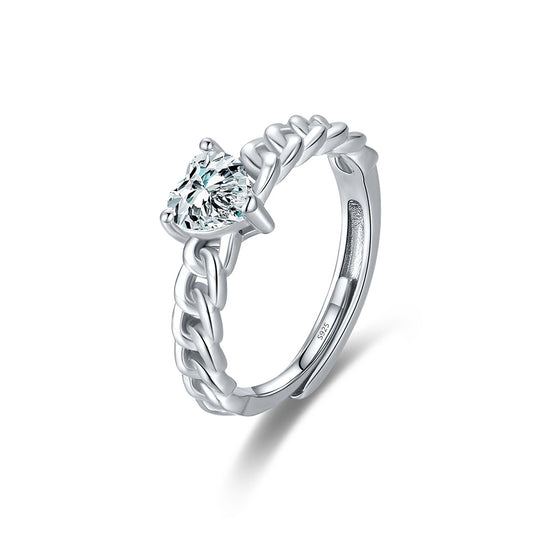 Simple Adjustable Sterling Silver Heart Ring with Zircon Inlay for Women