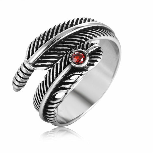 Personalized Retro Feather Red Zircon Titanium Steel Rings for Men and Women
