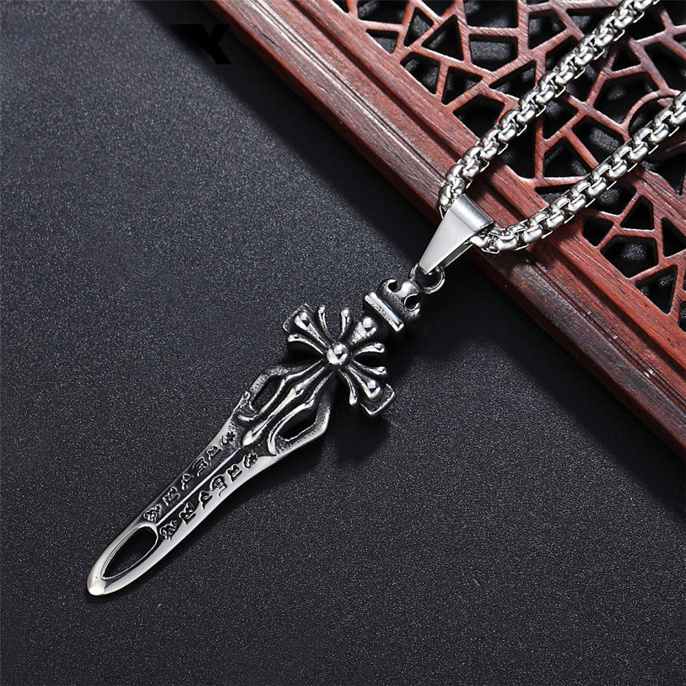 Inscription Cross Flower Sword Titanium Steel Necklace for Men