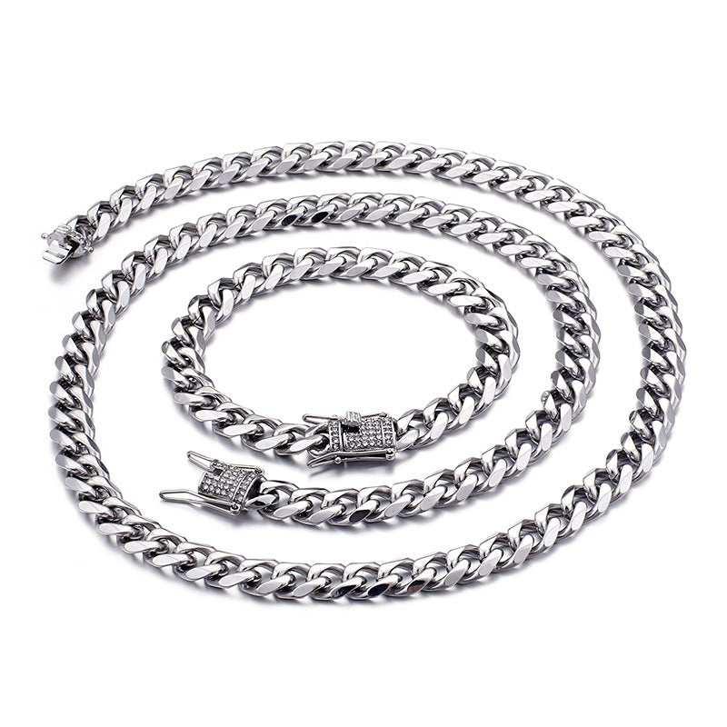 Titanium Steel CZ Zircon Men's Cuban Chain Bracelet - European and American Hip Hop Style Jewelry