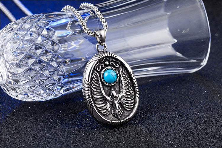 Planderful Retro Turquoise Eagle Steel Pendant Necklace Unisex Everyday Genie Protection Statement