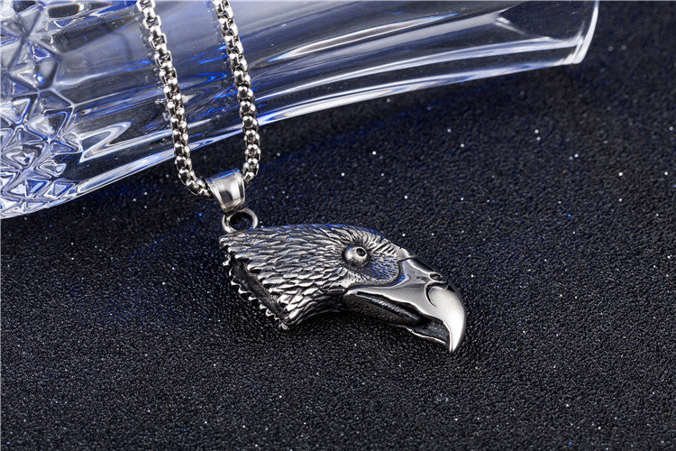 Planderful Three Dimensional Eagle Head Titanium Steel Pendant Unisex Punk Retro Statement Necklace