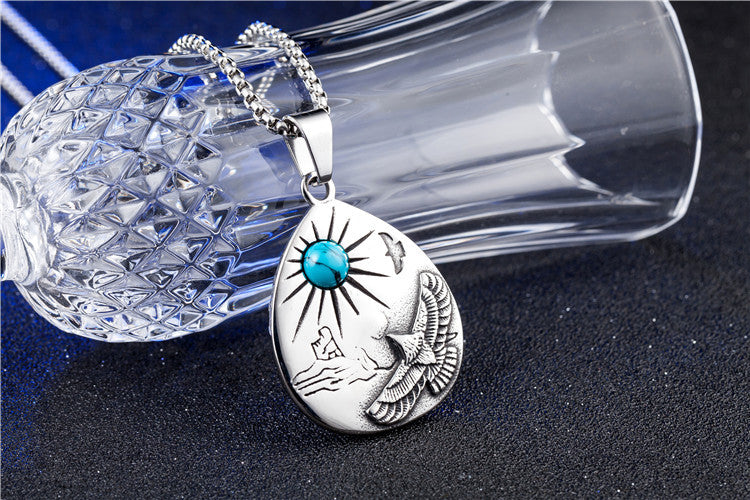 Planderful Blue Turquoise Vintage Eagle Pendant Necklace Titanium Steel Unisex Protection Statement Jewelry