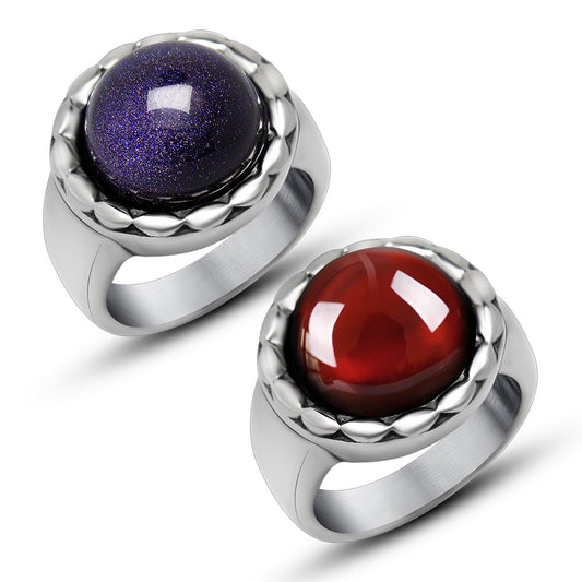 Stylish Blue Sandstone and Red Pomegranate Titanium Steel Rings for Couples