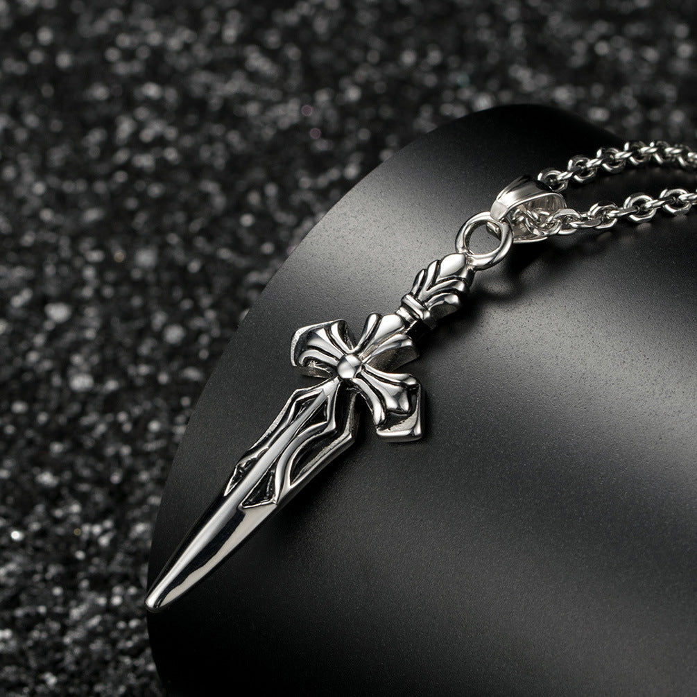 Planderful Personalized Retro Epee Cross Pendant Necklace For Men Steel Bold Gift Ready