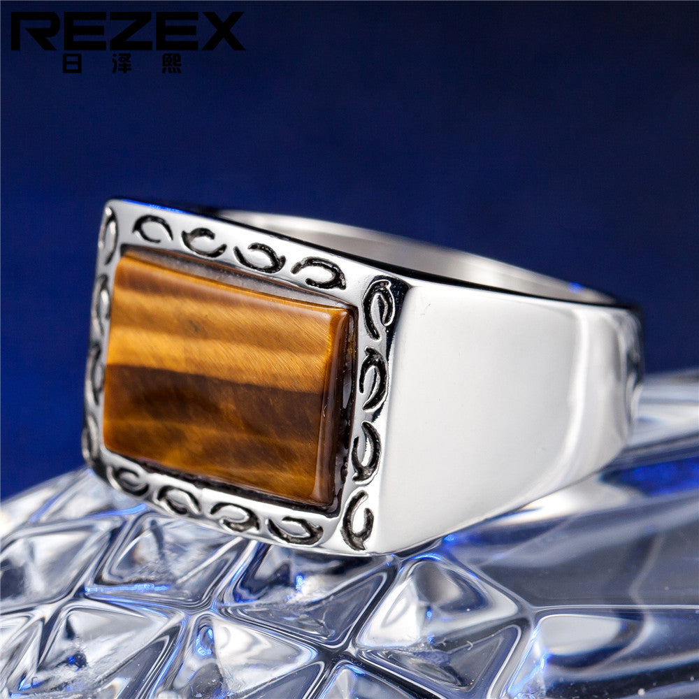 Tiger's Eye Ring For Men Titanium Steel By Planderful Everyday Genie Unisex Vintage Protection Charm