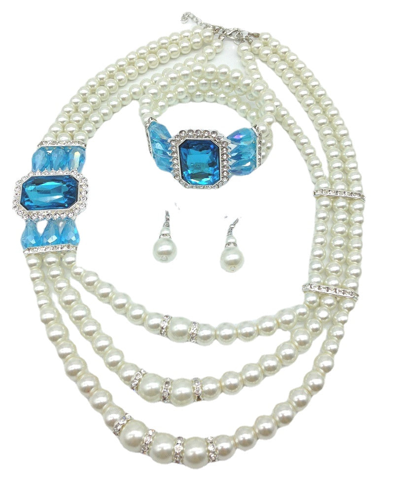 Pearl and Gemstone Multi-layer Necklace, Earrings & Bracelet Set