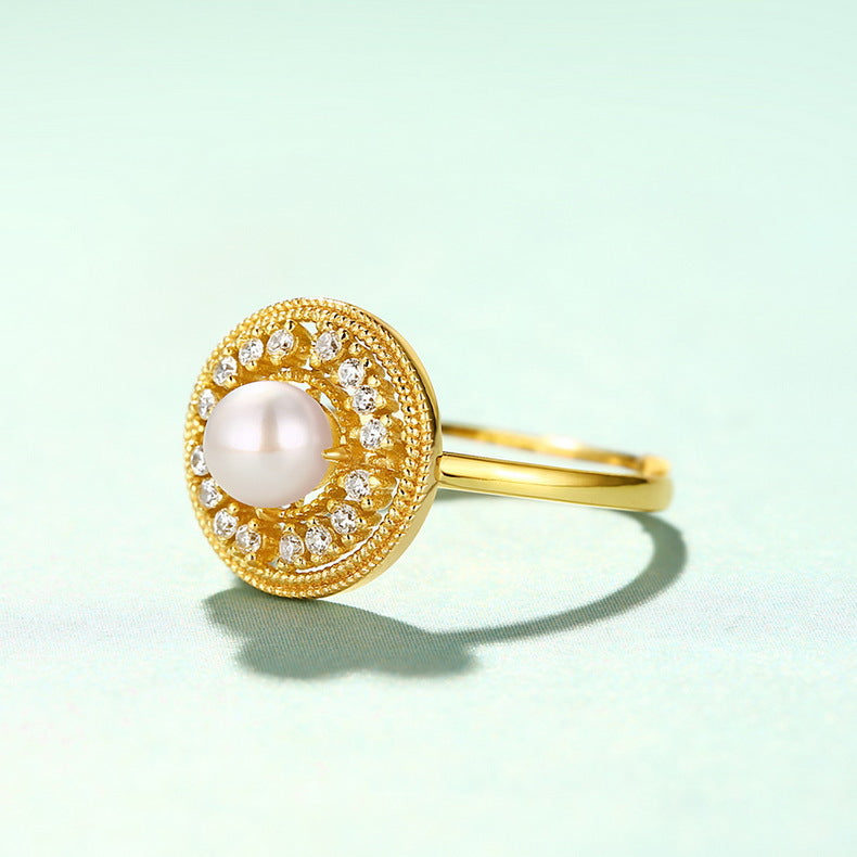 Zircon Disc Round Natural Freshwater Pearl Golden Opening Sterling Silver Ring