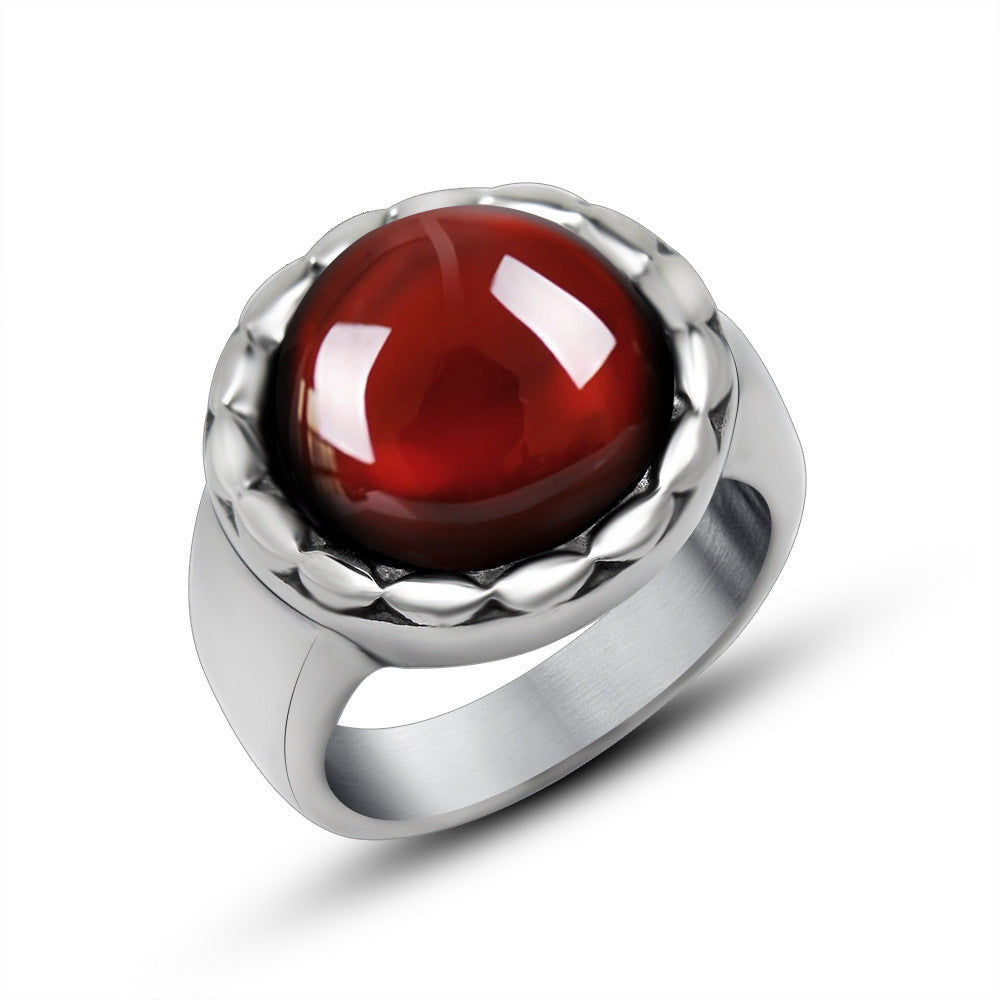 Stylish Blue Sandstone and Red Pomegranate Titanium Steel Rings for Couples